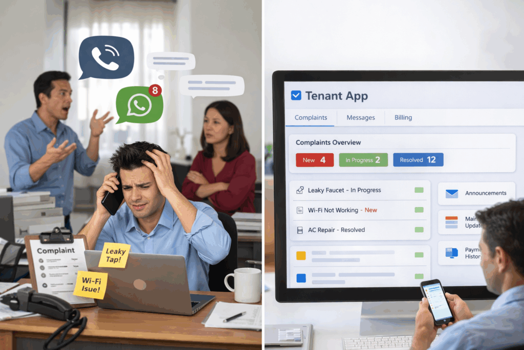 Tenant Management App, Why Your PG Needs a Dedicated Tenant Management App, Rentok Property manager overwhelmed by tenant calls and messages compared to organized tenant management app handling complaints and communication
