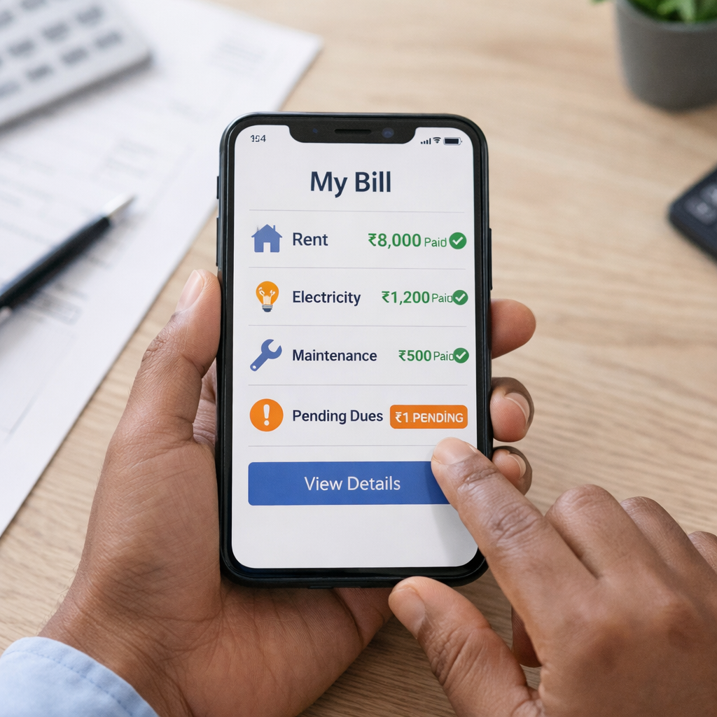 Tenant Management App, Why Your PG Needs a Dedicated Tenant Management App, Rentok Person holding a smartphone displaying an itemized bill with rent, electricity, maintenance, and pending dues, showing transparent billing details.