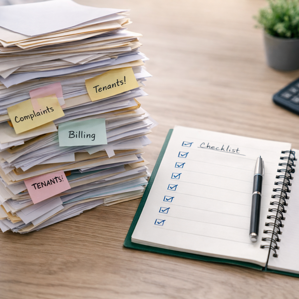 Tenant Management App, Why Your PG Needs a Dedicated Tenant Management App, Rentok Stack of tenant files and paperwork beside a checklist notebook, representing growing workload and need for structured tenant management.
