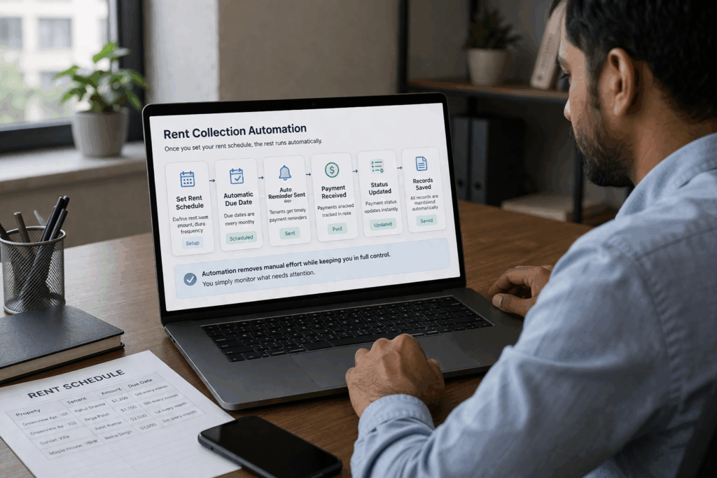Landlord Rent Collection App, How a Landlord Rent Collection App Saves You Time, Rentok Landlord viewing laptop showing automated rent collection workflow with scheduled due dates, reminders, payment updates, and automatic record keeping.