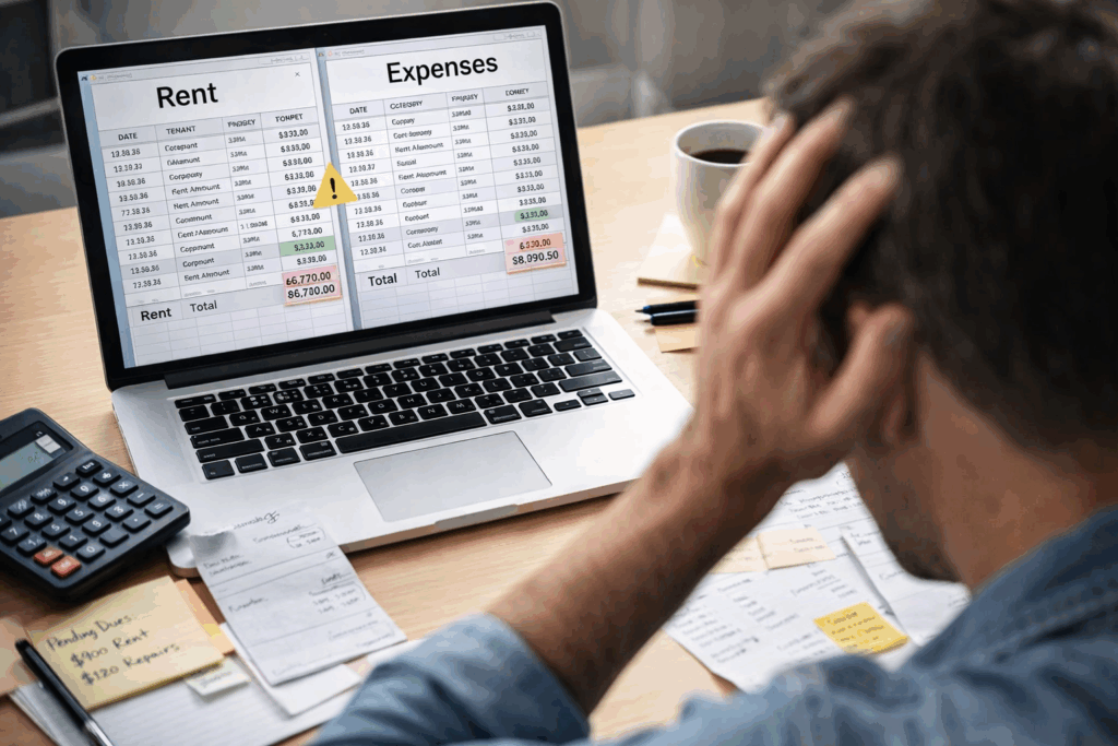 Software for Tracking Rental Properties, Best Software for Tracking Rental Properties and Expenses, Rentok Landlord comparing separate rent and expense spreadsheets on laptop with mismatched totals, showing confusion and data inconsistencies.