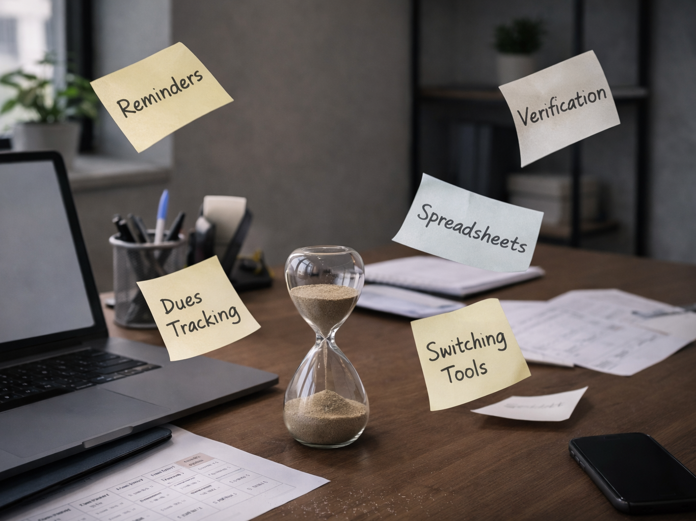 Landlord Rent Collection App, How a Landlord Rent Collection App Saves You Time, Rentok Hourglass on office desk surrounded by notes labeled reminders, verification, spreadsheets, dues tracking, and switching tools representing time lost in manual rent collection tasks.