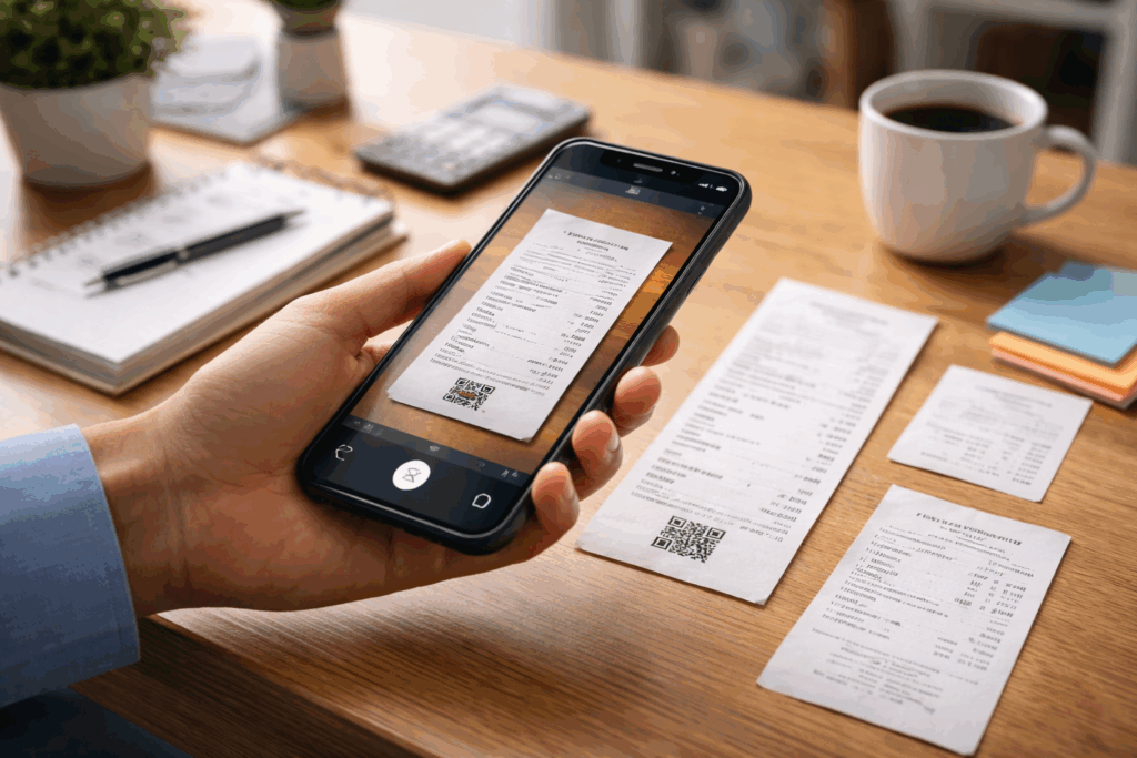 Software for Tracking Rental Properties, Best Software for Tracking Rental Properties and Expenses, Rentok Person using a smartphone to scan paper receipts on a desk with notebook, calculator, and coffee, illustrating digital receipt scanning for expense tracking.
