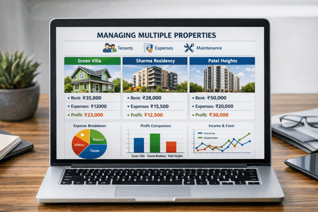 Software for Tracking Rental Properties, Best Software for Tracking Rental Properties and Expenses, Rentok Laptop displaying multiple Indian rental properties with rent, expenses, and profit comparison dashboard in Indian rupees.