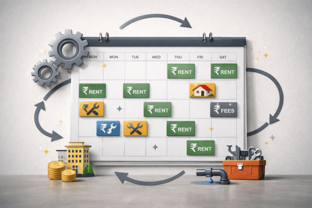 Rental Management Accounting Software, How to Set Up Your Rental Management Accounting Software, Rentok Realistic 3D illustration of a wall calendar with automated monthly rent and expense entries marked in Indian Rupees, surrounded by gears, recurring arrows, property icons, maintenance tools, coins, and a toolbox on a clean professional background.