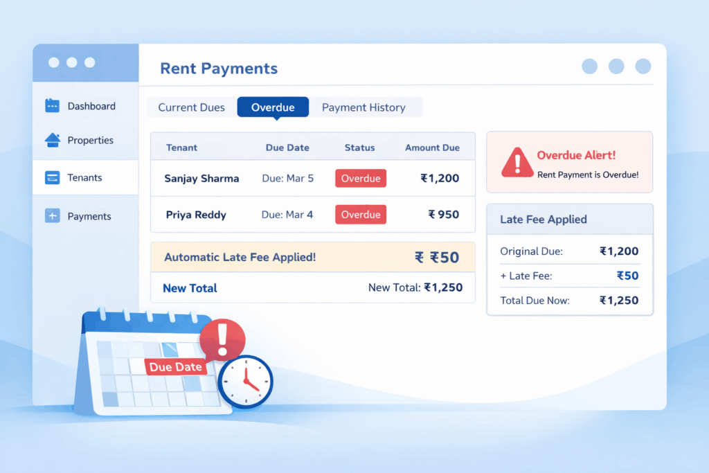 Property management dashboard showing overdue rent for Indian tenants with automated late fee applied, dues tracking, and payment status in INR.