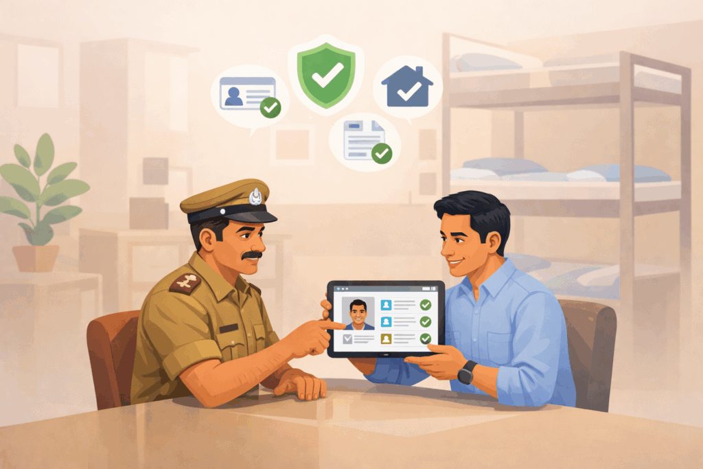 Tenant Screening Software, How Tenant Screening Software Protects Your Property, Rentok Indian police officer and PG operator sitting at a desk reviewing tenant details on a tablet, with verification checkmarks and security icons above them, inside a PG accommodation room with bunk beds in the background.