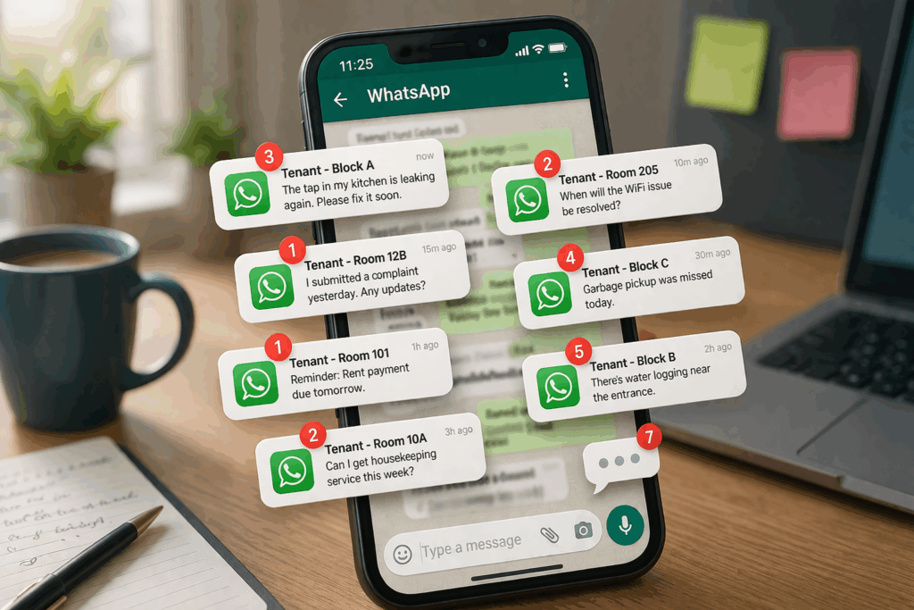 Tenant Communication Software, Tenant Communication Software: Keeping Residents Happy, Rentok Smartphone showing multiple WhatsApp tenant messages and notifications representing communication chaos
