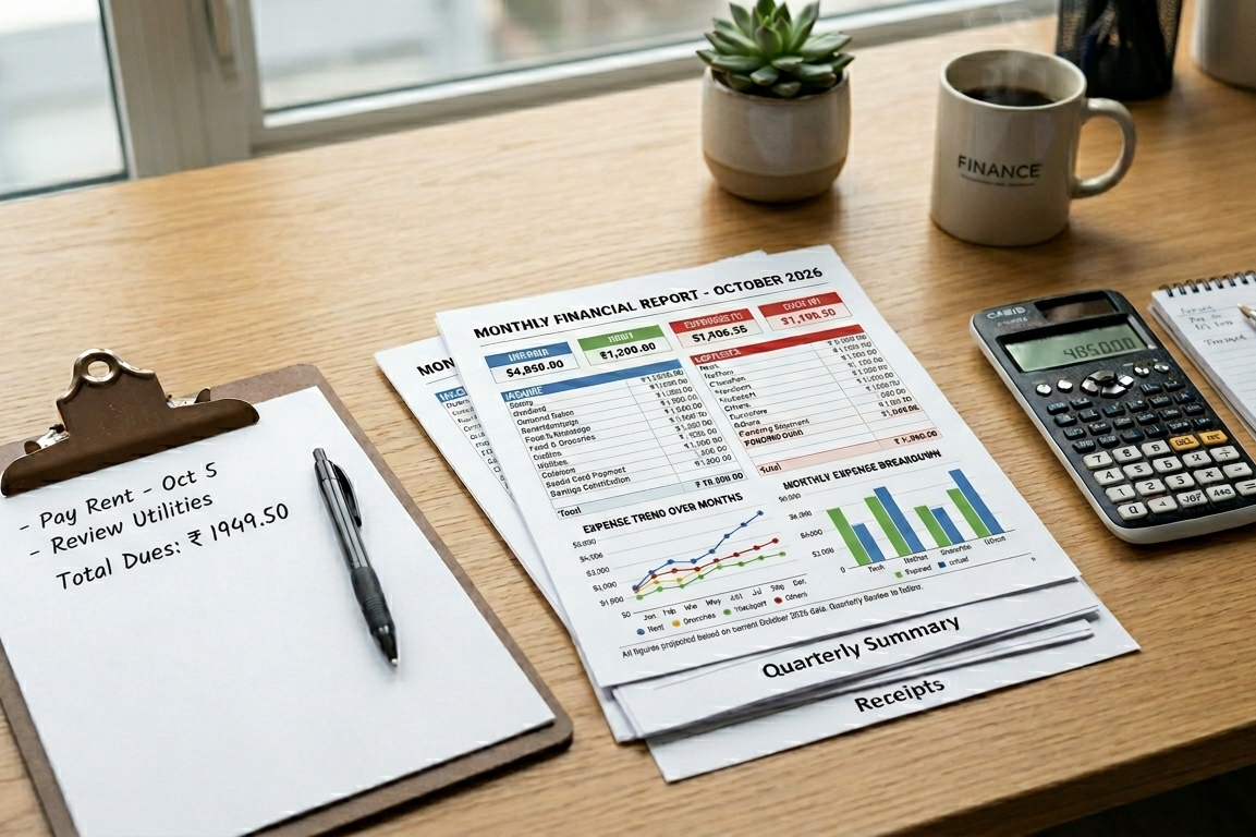 Rental Management Accounting Software, How to Set Up Your Rental Management Accounting Software, Rentok Financial report on clipboard showing rent collected, expenses, net income, and pending dues with charts and calculator on desk.