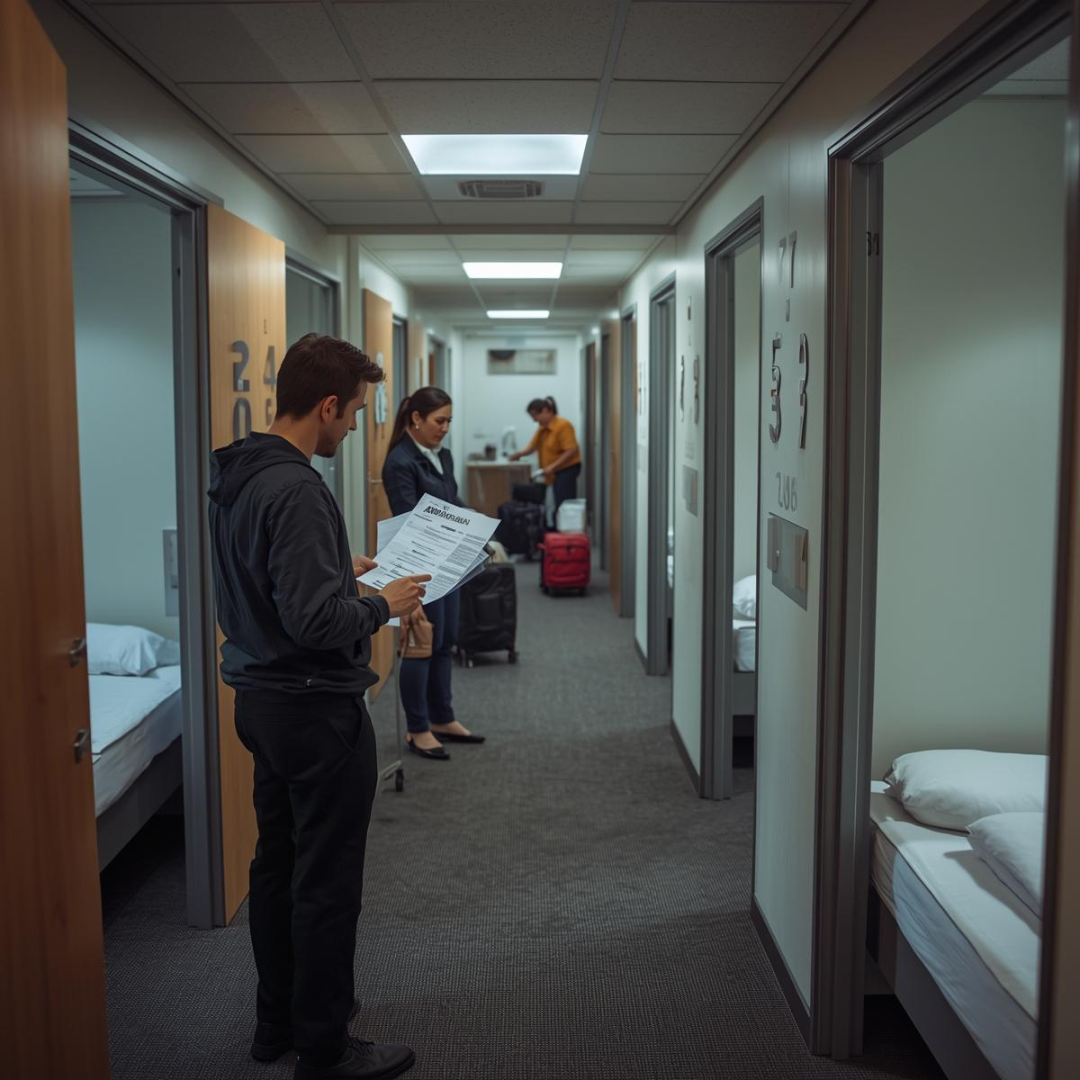Hostel manager coordinating room allocations and tenant check-ins inside a hostel building