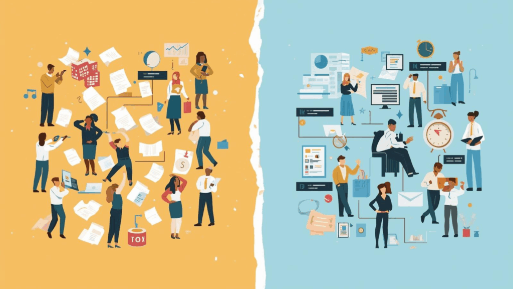 Scale a PG Business from 50 to 300 Beds, How to Scale a PG Business from 50 to 300 Beds, Rentok Illustration showing PG management shifting from manual chaos to organized operations with structured systems and staff coordination.