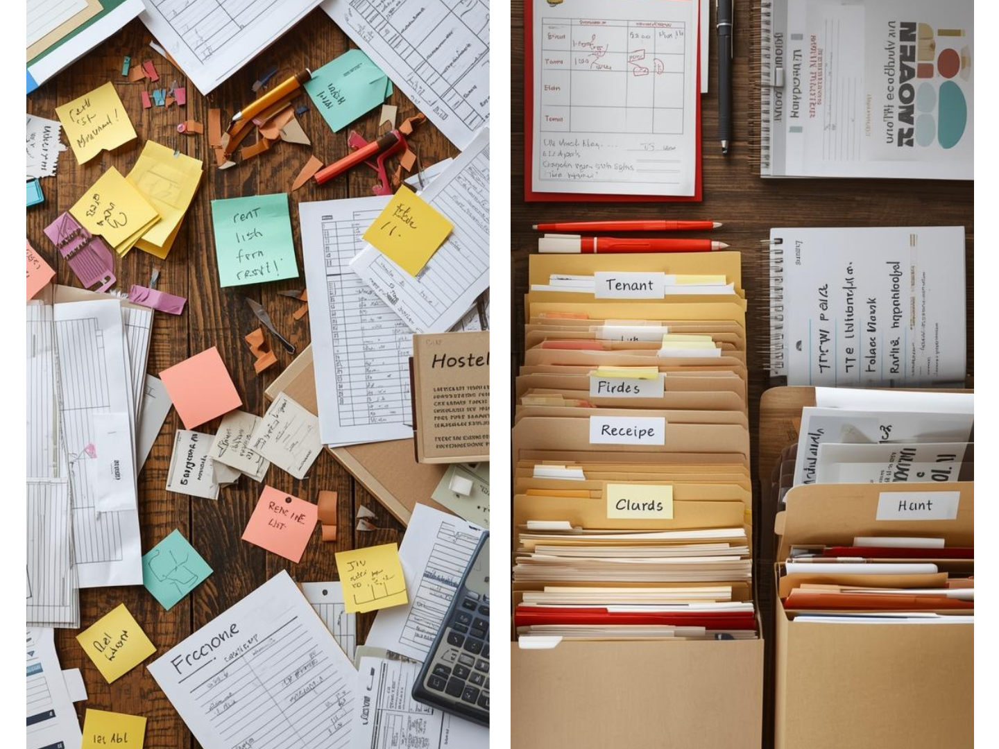 Hostel management comparison showing messy manual records versus organized property management system.