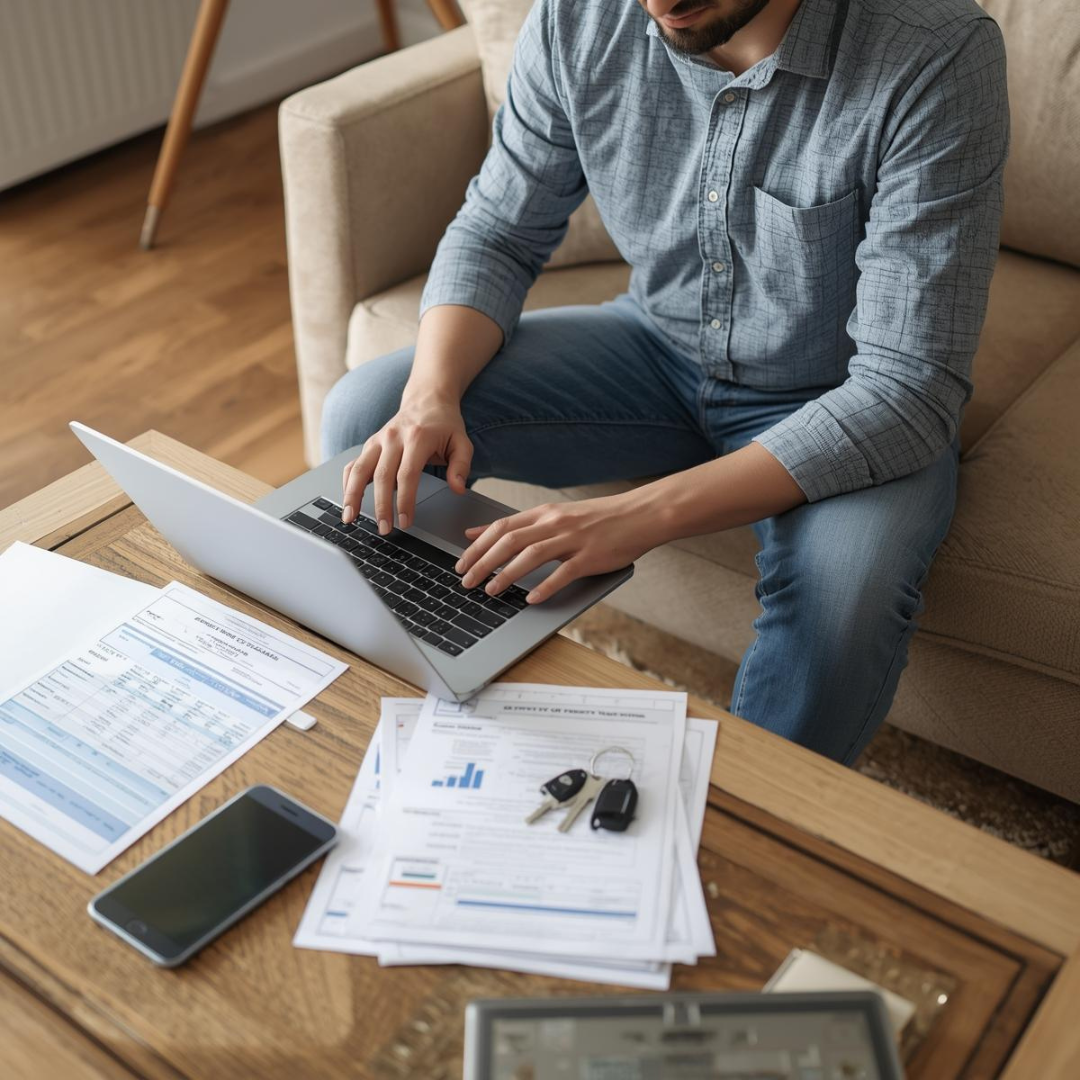 Landlord managing rental properties remotely using a laptop landlord management app.