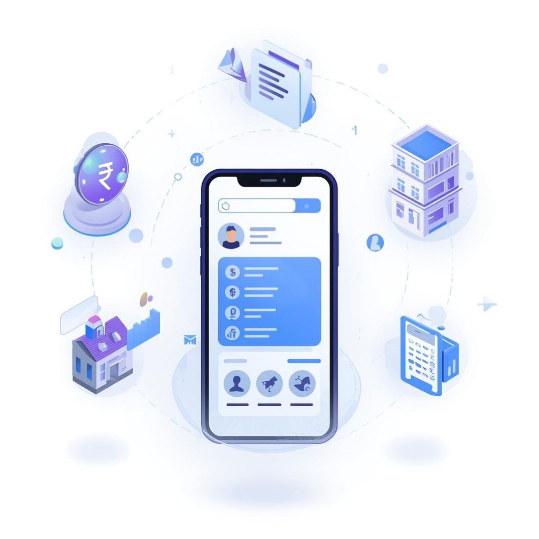 Modern infographic illustration of a landlord management app showing rent payments, tenant verification, property management, and expense tracking.