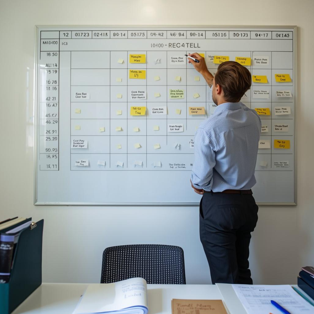 Hostel manager organizing room and bed assignments on a planning board in a hostel management office