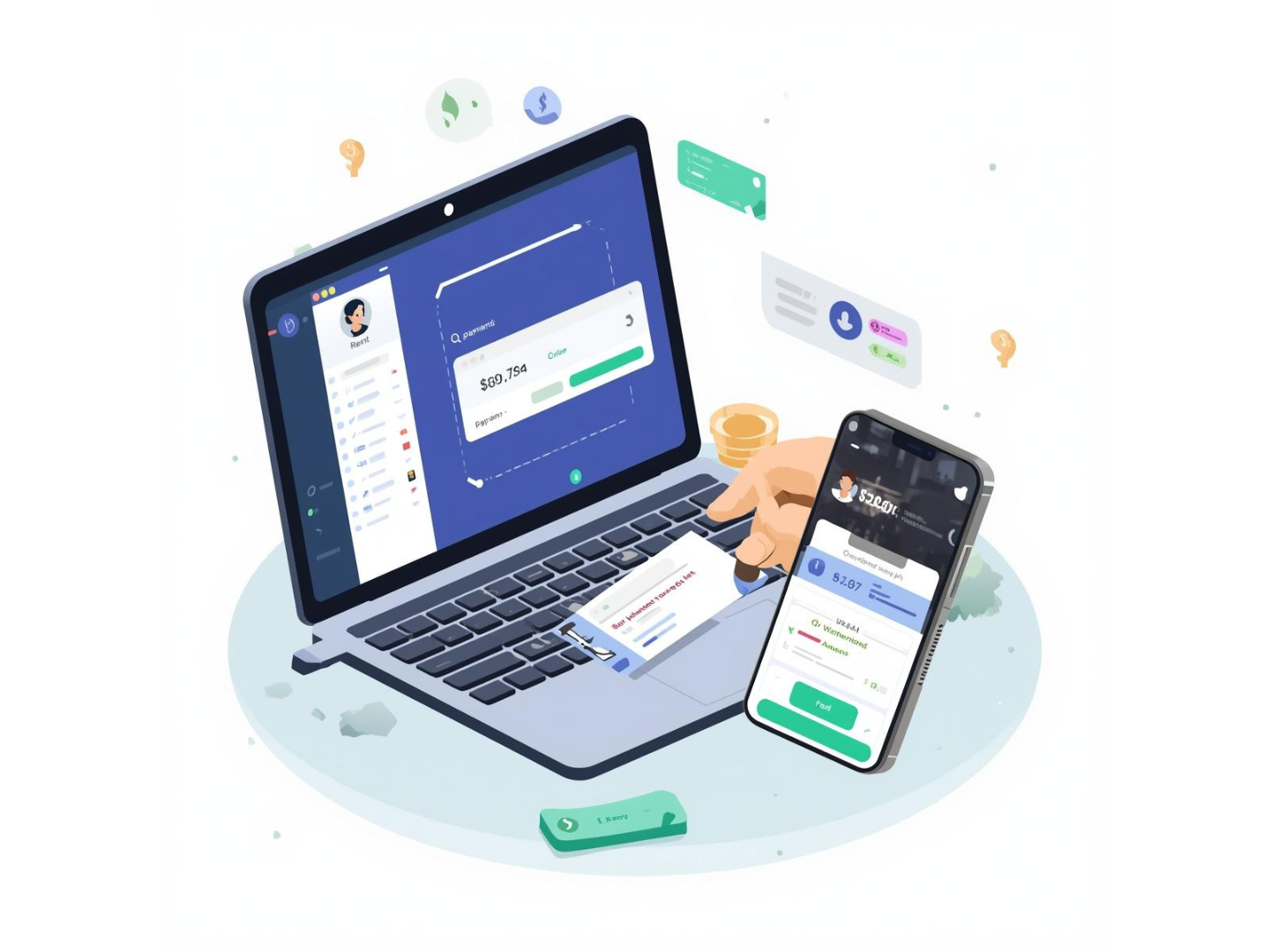 Laptop dashboard showing rent payments marked as paid, smartphone sending automatic rent reminder notifications, modern flat illustration, clean tech blog style