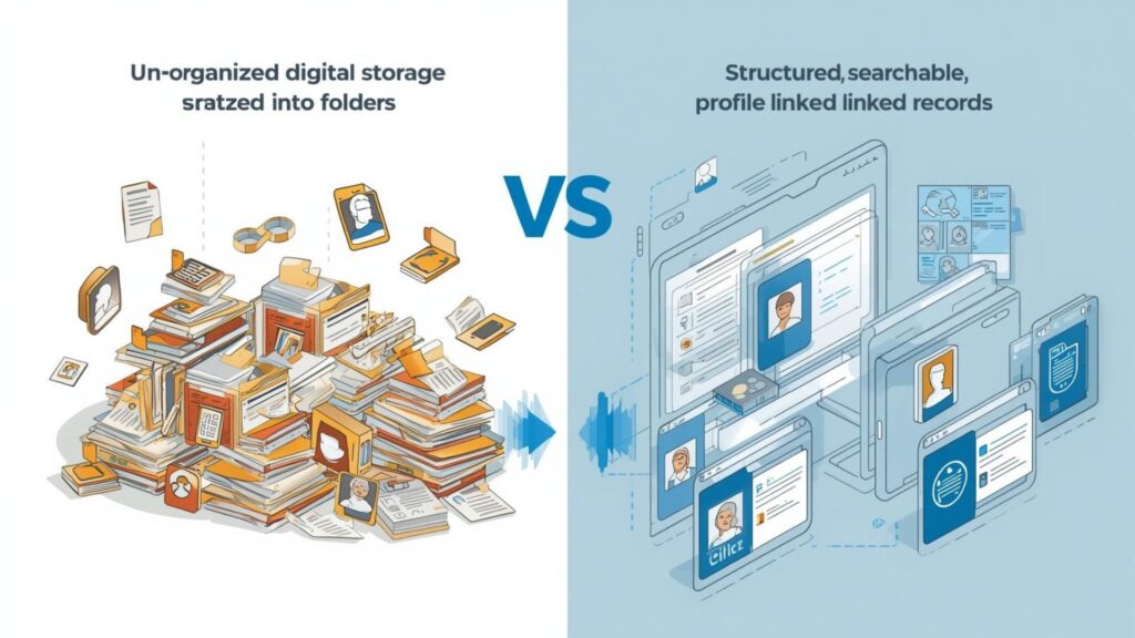 Digital storage should not mean dumping scanned files into folders. It should mean structured, searchable, profile-linked records.