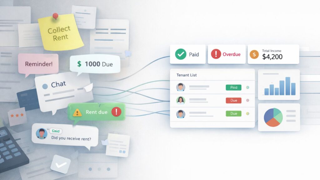 Cluttered rent tracking with notes and chats transitioning into a clean digital rental management dashboard