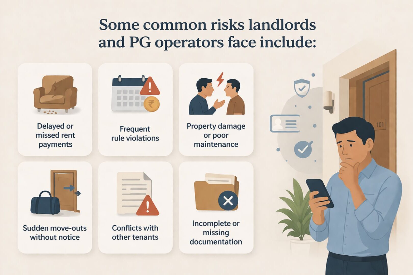 Tenant Screening Software, How Tenant Screening Software Protects Your Property, Rentok Illustration showing common tenant risks including delayed rent payments, rule violations, property damage, tenant conflicts, sudden move-outs, and missing documentation with a small landlord clipart.