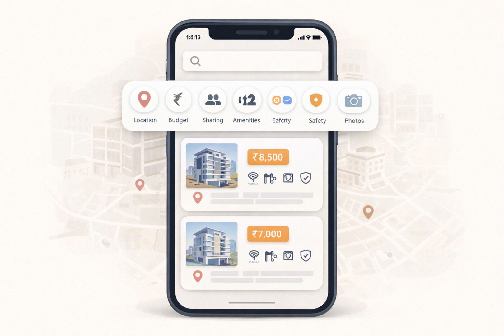Apps for Finding PGs, The Best Apps for Finding PGs (And How to List Yours), Rentok Mobile app showing PG listings with filters for location, budget, sharing, amenities, safety, and photos.