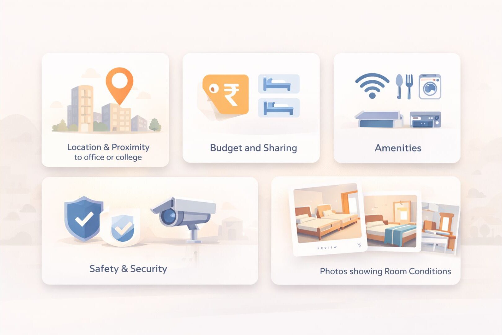 Apps for Finding PGs, The Best Apps for Finding PGs (And How to List Yours), Rentok Illustration showing five key factors tenants consider when choosing a PG: location proximity with map pin and buildings, budget and sharing options with price and bed icons, amenities including Wi-Fi, meals, and laundry, safety features with shield and CCTV camera, and room photos preview cards, displayed in clean modern SaaS-style UI cards.