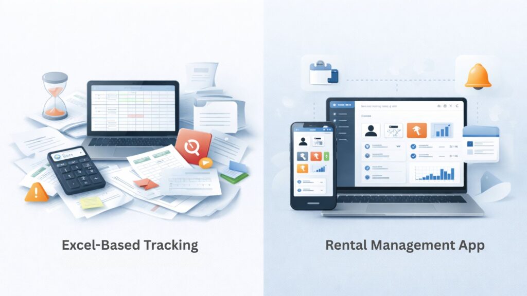Comparison showing messy Excel-based tracking with scattered papers and calculator versus a clean rental management app dashboard on laptop and mobile devices.