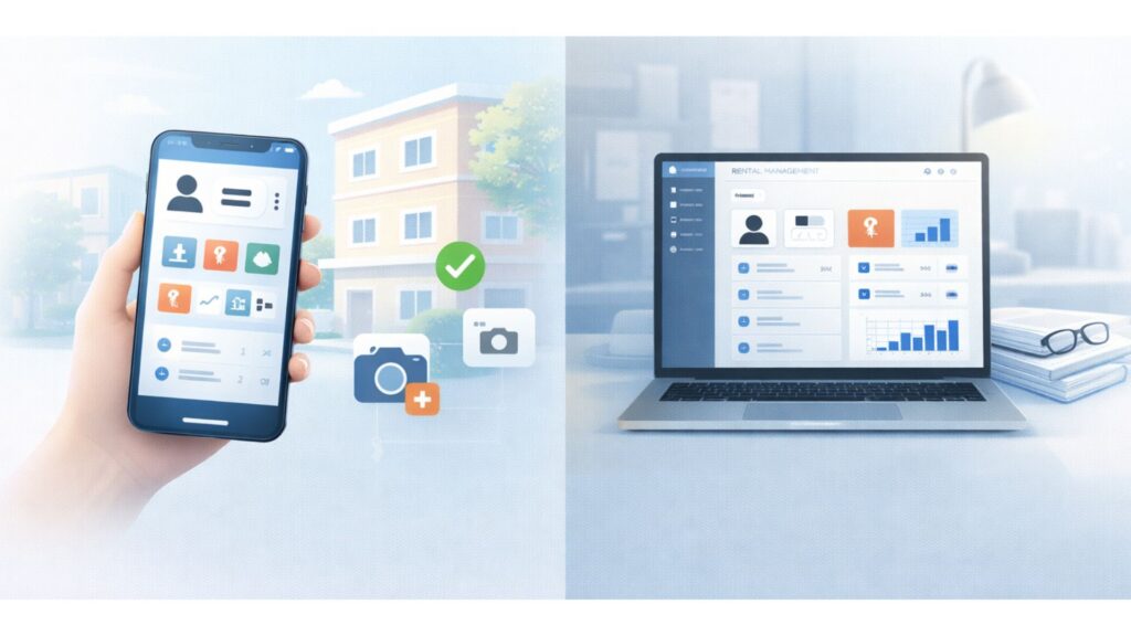 Comparison image showing a mobile rental management app used on-site versus a desktop dashboard used in an office, highlighting flexibility and accessibility differences.