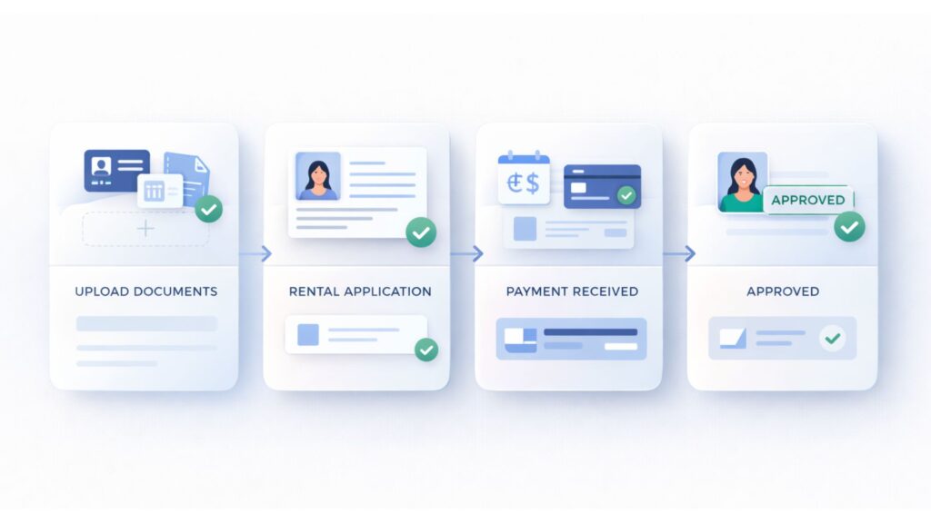 Clean illustration of a rental onboarding workflow showing document upload, application, payment, and approval steps.