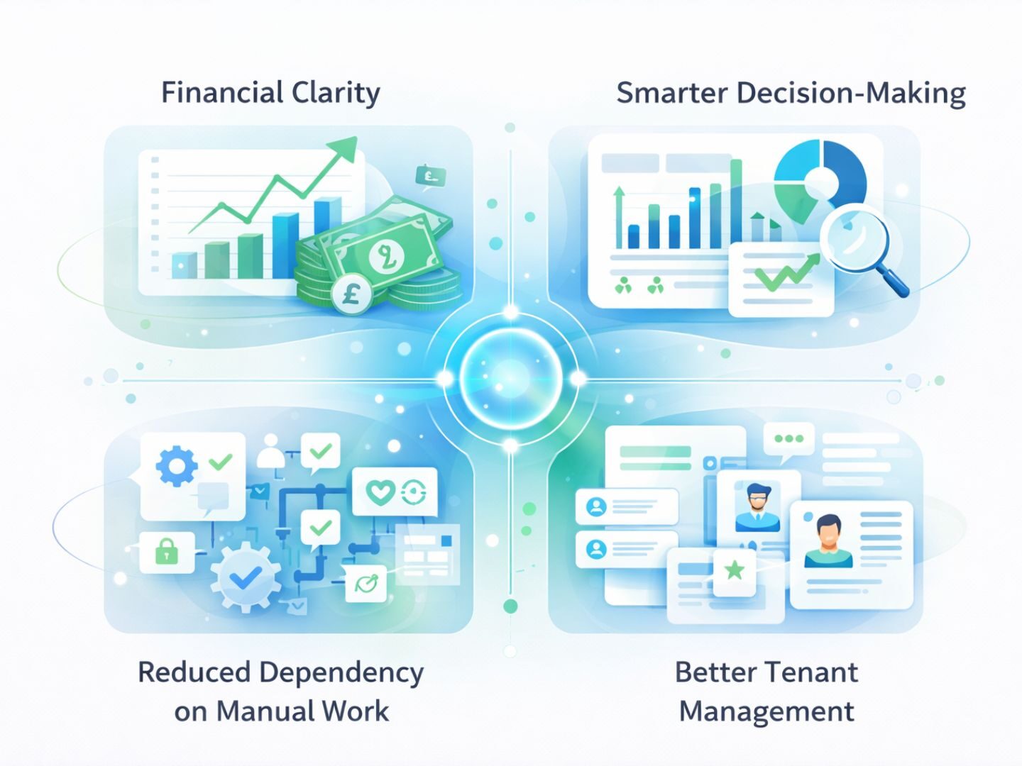 Guide to Rental Property Software, The Complete Guide to Rental Property Software for 2026, Rentok Rental property software illustration showing financial clarity, smarter decision-making, reduced manual work, and better tenant management connected through a centralized system.