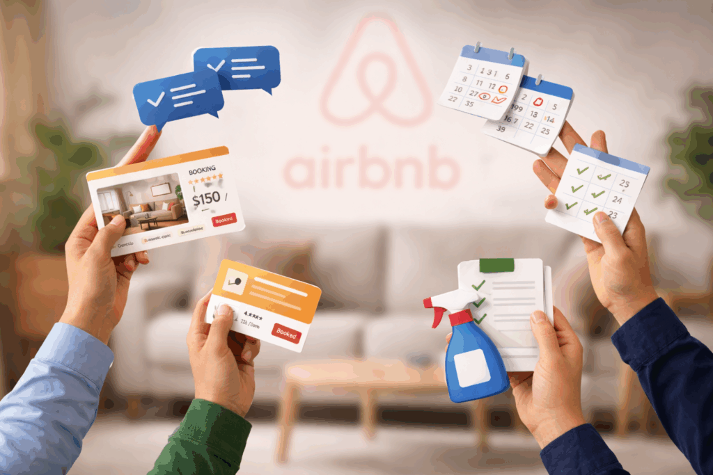 Manual Airbnb hosting chaos with multiple tasks like bookings, messaging, and scheduling being handled together