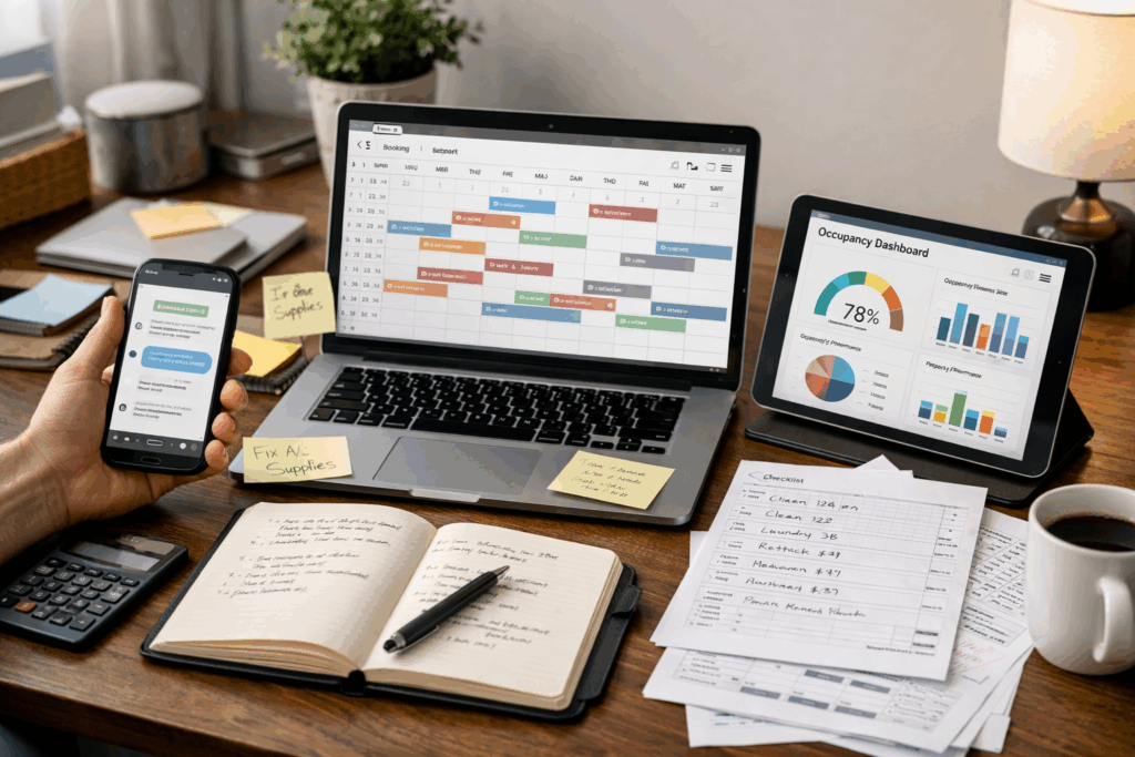 Rental host workspace with multiple devices showing bookings, messages, and analytics alongside scattered notes, highlighting fragmented tools.