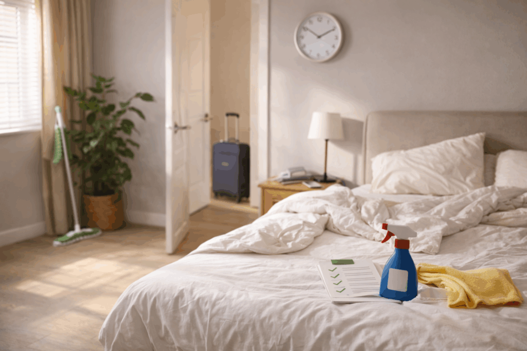 Airbnb room mid-cleaning with unmade bed, cleaning supplies, and luggage showing delayed room preparation