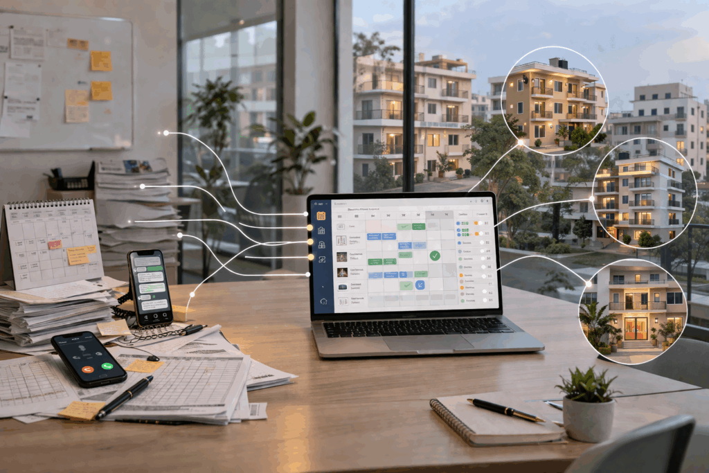 Booking Software for Rentals, How to Choose Booking Software for Rentals, Rentok Realistic office scene showing shift from manual booking chaos with papers and calls to a centralized digital system managing rental bookings and properties