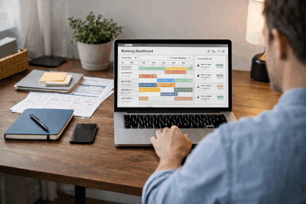 Booking Software for Rentals, How to Choose Booking Software for Rentals, Rentok Rental host using a laptop with a unified booking dashboard showing real-time reservations, availability, and guest details in a clean workspace.