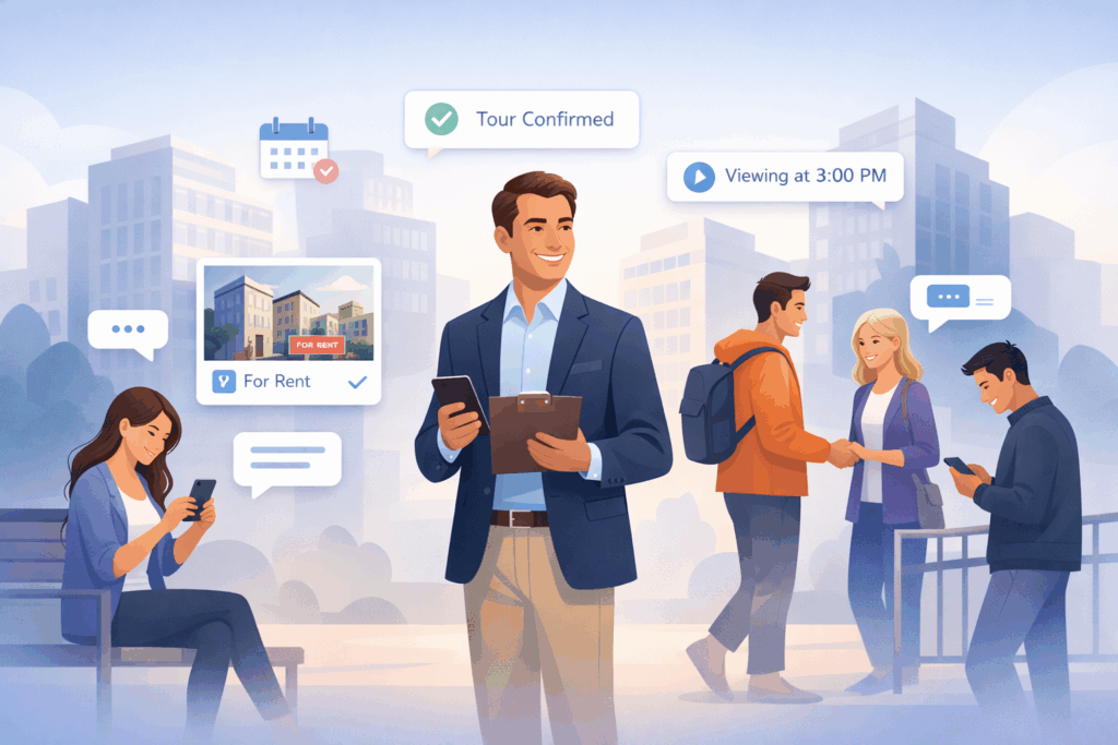 Modern illustration of a landlord managing rental inquiries and property visits, surrounded by subtle booking icons, tenant interactions, and a cityscape background.
