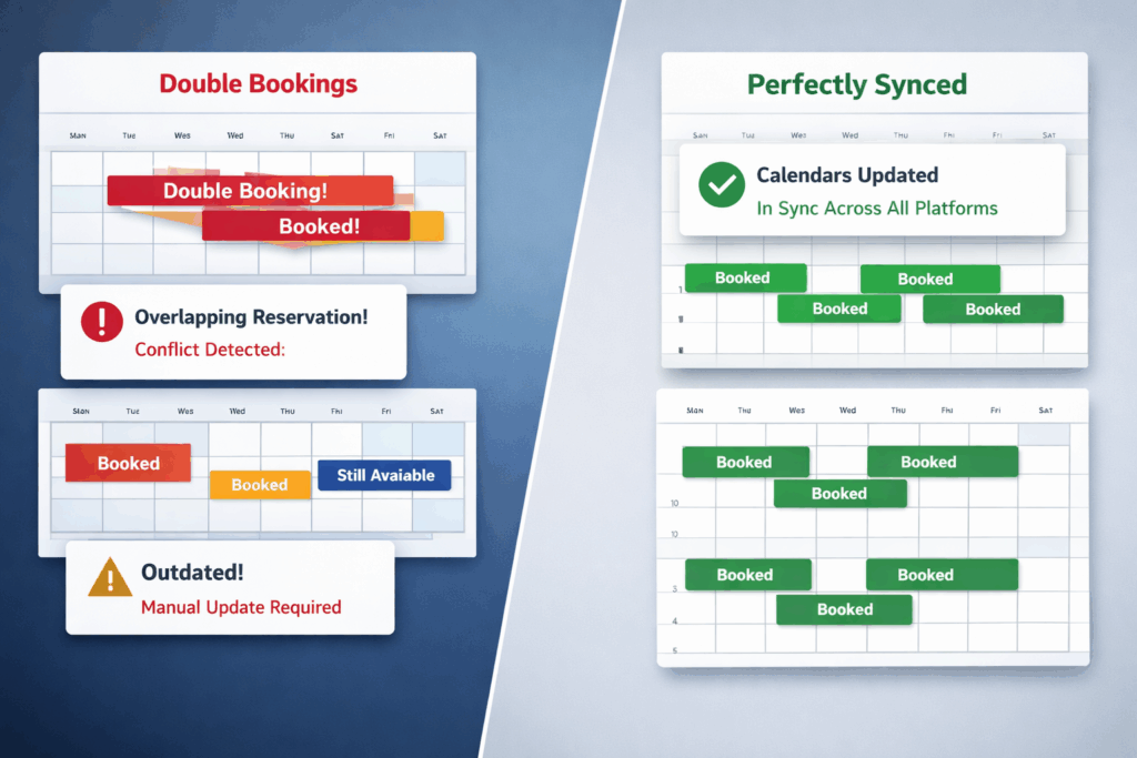 Split-screen illustration comparing unsynchronized and synchronized booking calendars&mdash;left side shows double bookings and outdated availability warnings, while right side shows real-time synced calendars with accurate bookings across platforms.