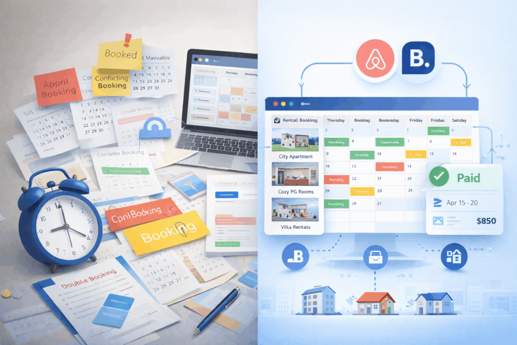 Split illustration showing messy manual rental booking system vs organized digital calendar with synced property management system