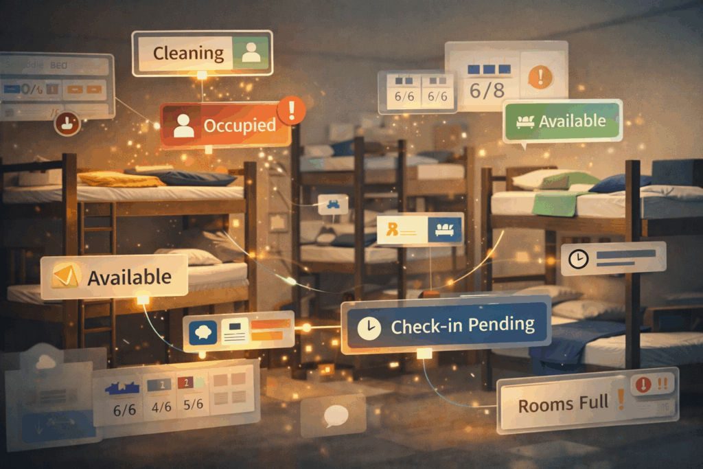 Realistic hostel dorm with bunk beds and floating digital status tags showing bed availability, cleaning, and check-in updates, highlighting dynamic occupancy and tool inconsistencies.