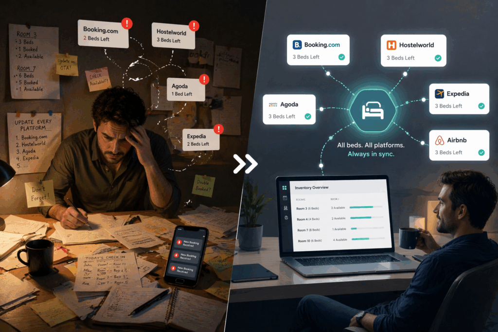 Split image showing a stressed hostel manager handling bookings manually with papers and notes, contrasted with a relaxed manager using a laptop where all platforms are synced in real time.
