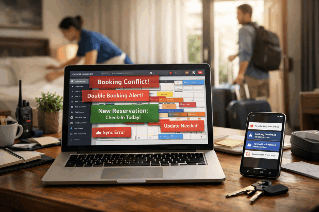 Vacation rental workspace with laptop showing booking conflicts and alerts, smartphone receiving reservations, cleaner preparing room, and guest arriving with luggage.