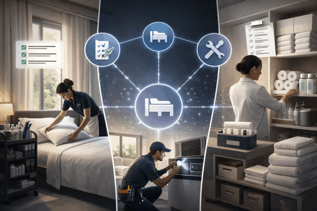 Three-panel image showing hotel room turnover tasks: cleaning, maintenance inspection, and restocking supplies, connected by a central system.