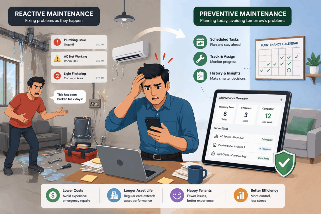 Preventive vs reactive property maintenance illustration showing repair issues, maintenance scheduling, and digital tracking system for rental properties