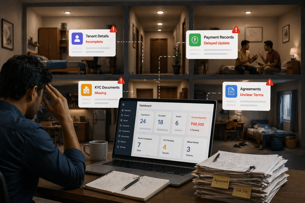 PG landlord managing fragmented systems with incomplete tenant data, delayed payment records, and missing KYC information in a co-living setup
