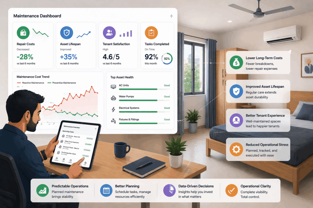 Property maintenance dashboard illustration showing preventive maintenance benefits like lower repair costs, improved asset lifespan, tenant satisfaction, and efficient task tracking in rental properties