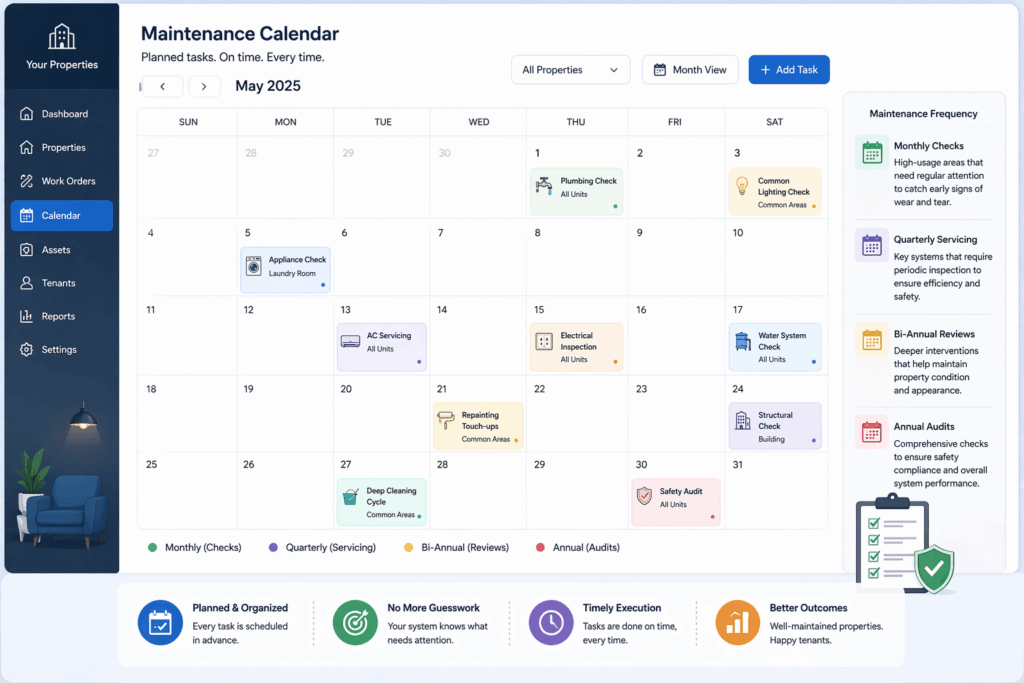 Property maintenance calendar dashboard showing scheduled tasks for monthly, quarterly, bi-annual, and annual maintenance with asset-based planning and tracking system
