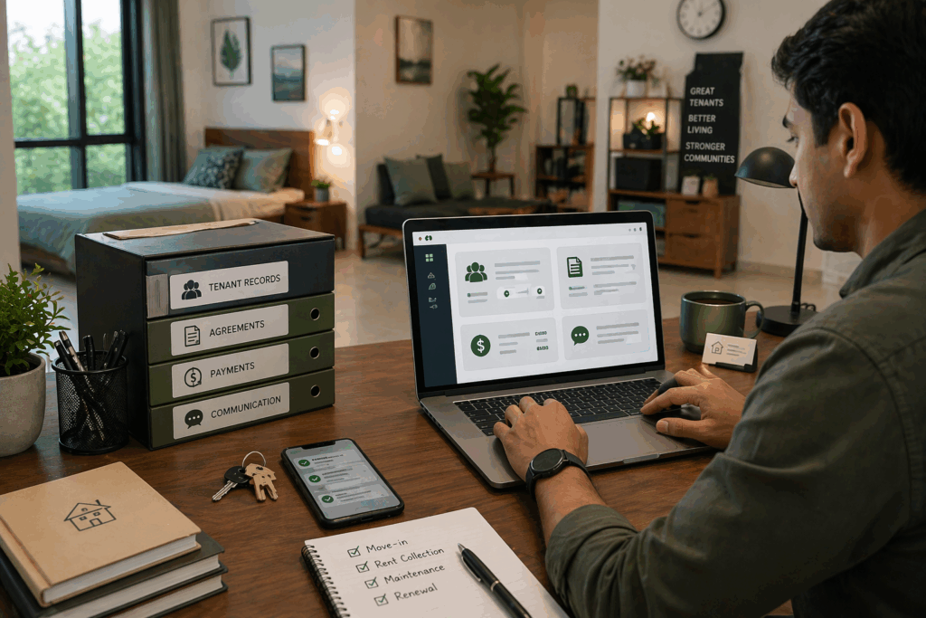 Organized workspace with property manager using a laptop dashboard for tenant records, agreements, payments, and communication in a clean rental setting.
