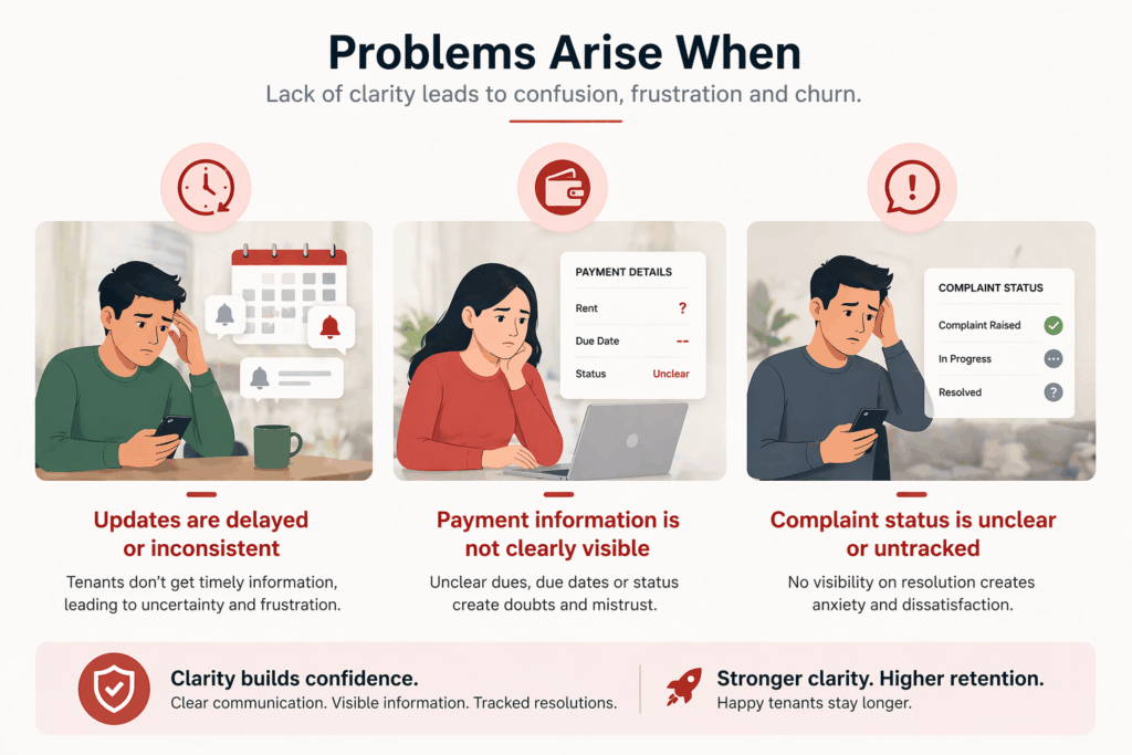 Infographic showing tenant issues, delayed updates, unclear payments, and untracked complaints, leading to confusion and churn, with a focus on clarity improving retention.