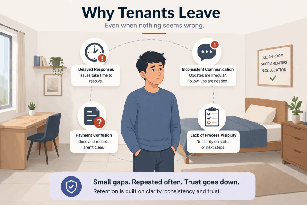 Infographic showing tenant churn caused by small issues, delays, unclear payments, poor communication, and low visibility, reducing trust and retention.