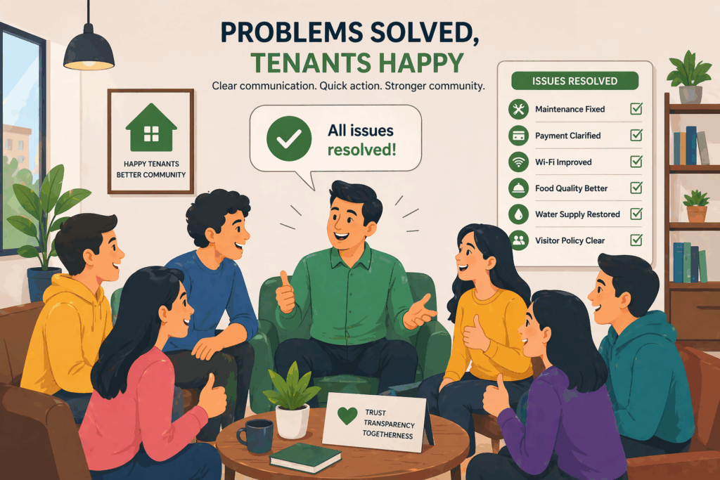 Illustration of PG owner resolving tenant issues with a checklist, showing clear communication and improved tenant satisfaction.