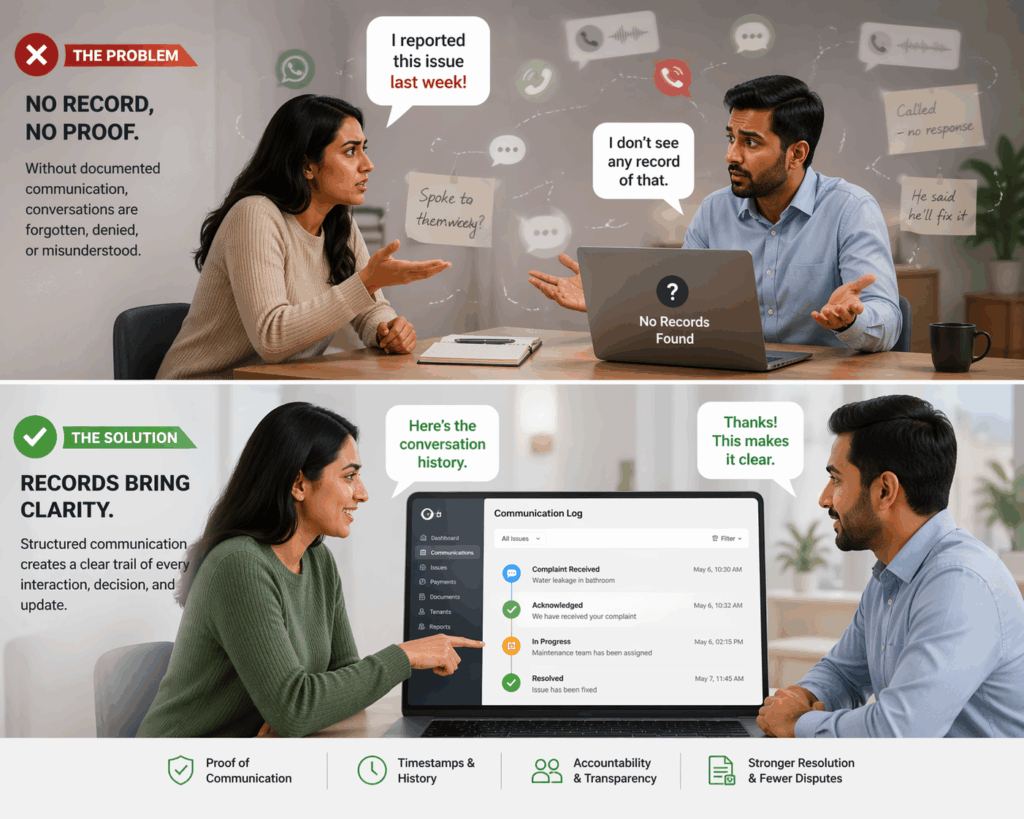 Infographic showing undocumented vs documented tenant communication, highlighting clear records, timestamps, and dispute resolution.